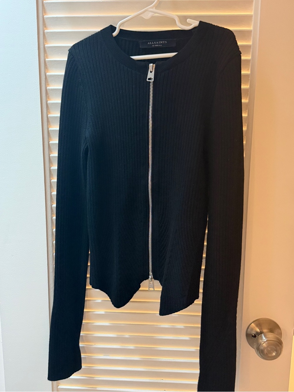 All Saints Black Ribbed Zip-Up Long Sleeve Top